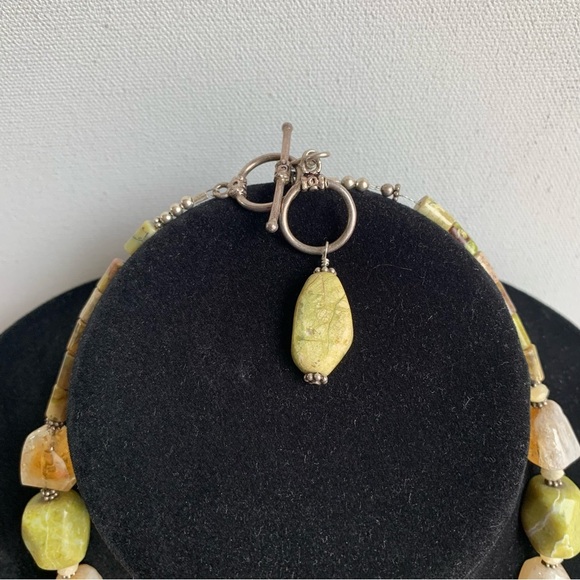 Vintage Chunky Gemstone Necklace Yellow Citrine Crystals Green Serpentine 24" - Picture 4 of 13